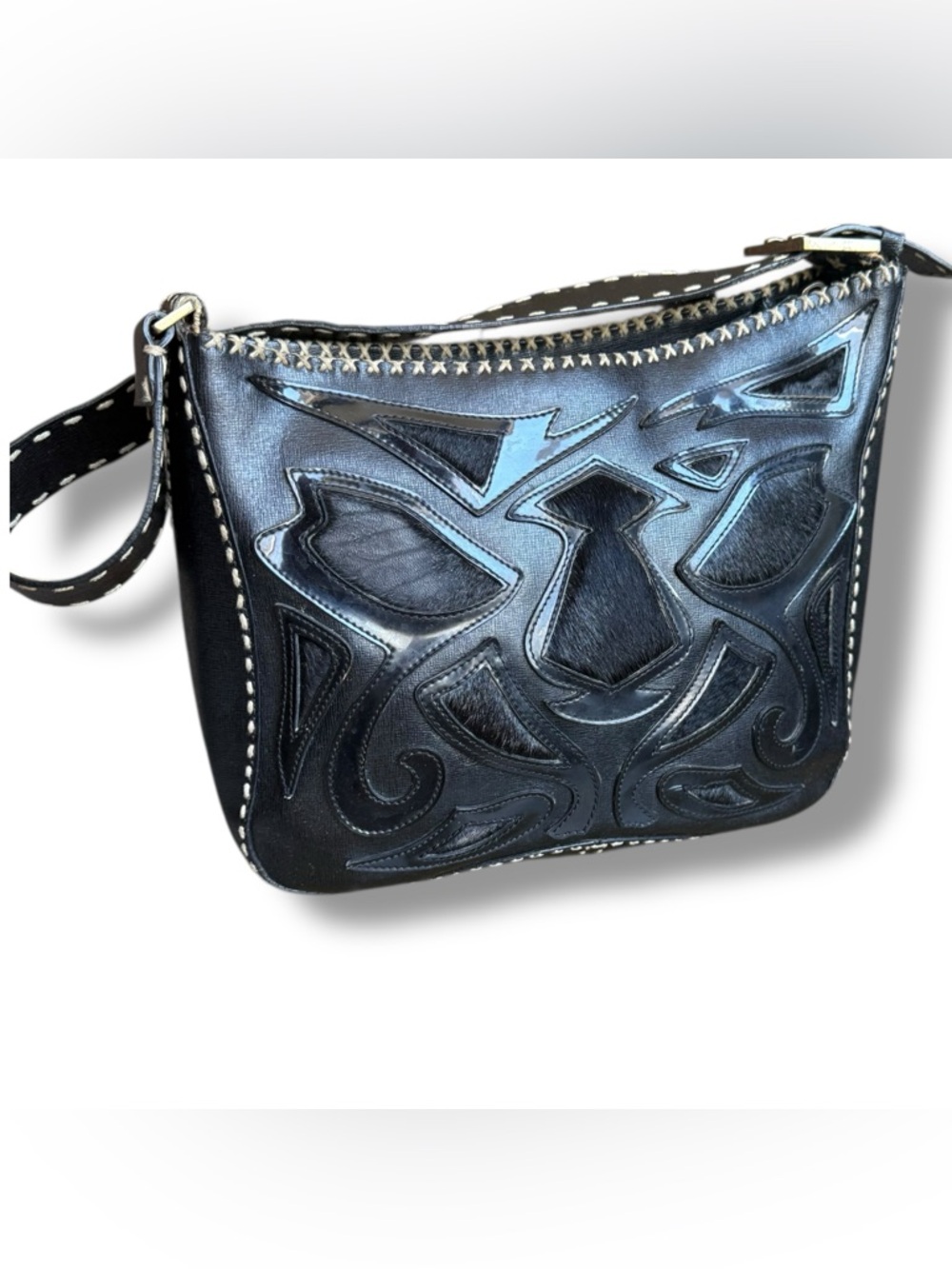 Antonio Melani Black Saffiano Leather w/Calf-Hair Cutouts and White Stitching